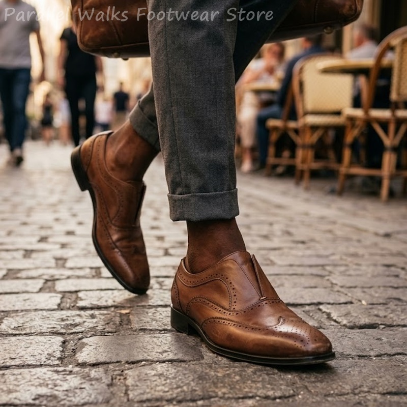 Oxford Brogue Leather - Sepatu Brogue Kulit Coklat Pria Slip
